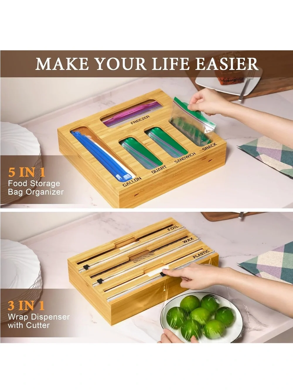 New Open Box 9 IN 1 Bamboo Foil and Plastic Wrap Organizer for Kitchen Drawer